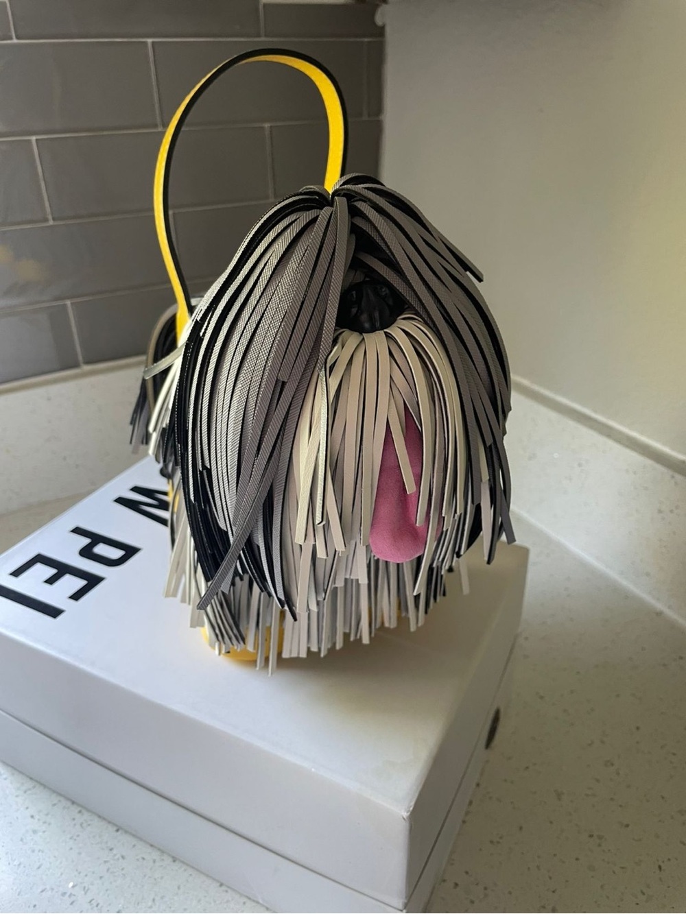 JW PEI Fringe Dog Crossbody Bag in Black, White, Gray & Yellow